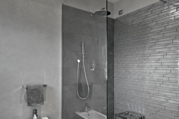 modern  bathroom interior with a glass shower box and the bidet in the foregorund